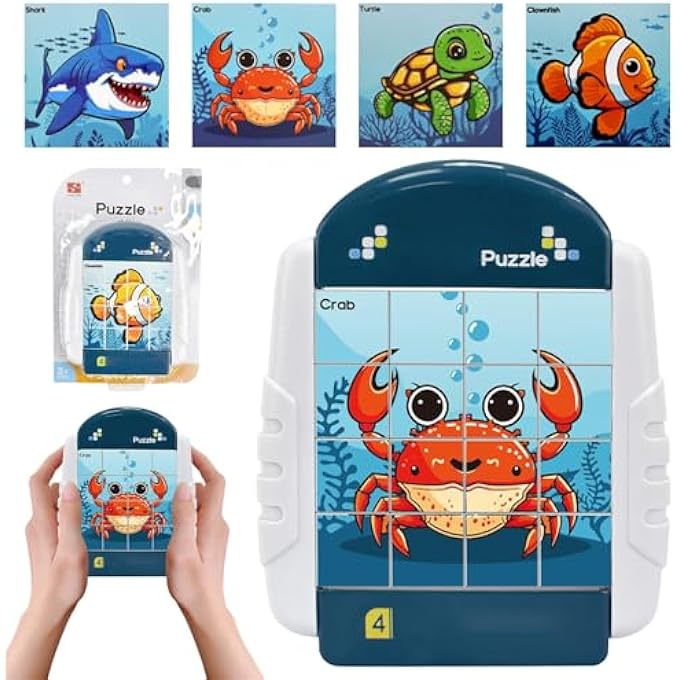 ROTATING 3-D PUZZLE, ROTATING PUZZLE TOY WITH 16 PIECES SMALL CUBES, PUZZLE FOR CHILDREN ON AIRPLANE AND CAR DRIVING ACTIVITY, GIFTS FOR BOYS AND GIRLS (SEA LIFE) - Image 2